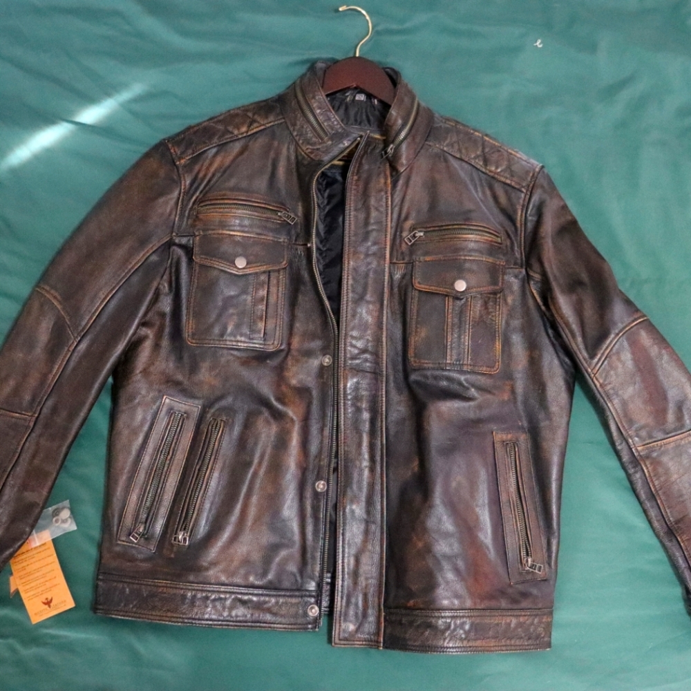 men's vintage biker style motorcycle café racer distressed leather jacket